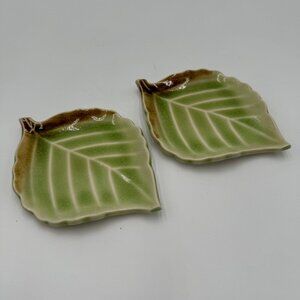 A Set of 2 Vintage Tajimi Japan Green Leaf Plates Small